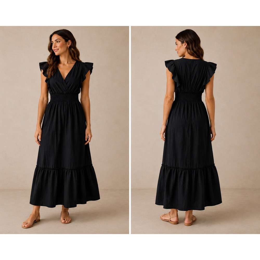 Molly Bracken Black Cotton Ruffle Maxi Dress Smocked Waist V-Neck Size M